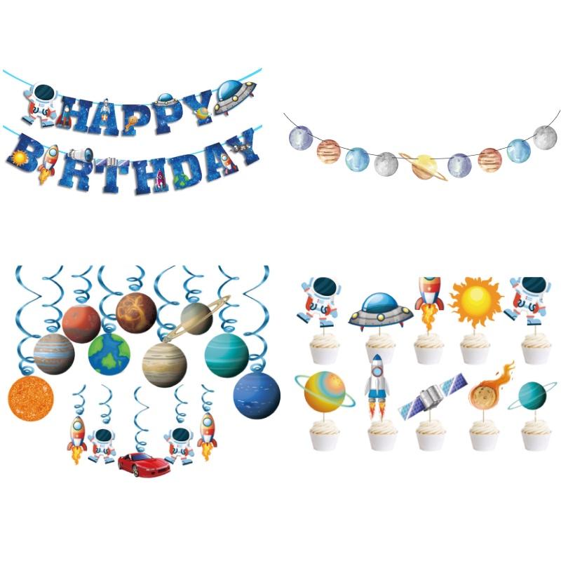 Themed Space Outer Spaceman Rocket Birthday Party Decor Set Banner Topper Cake