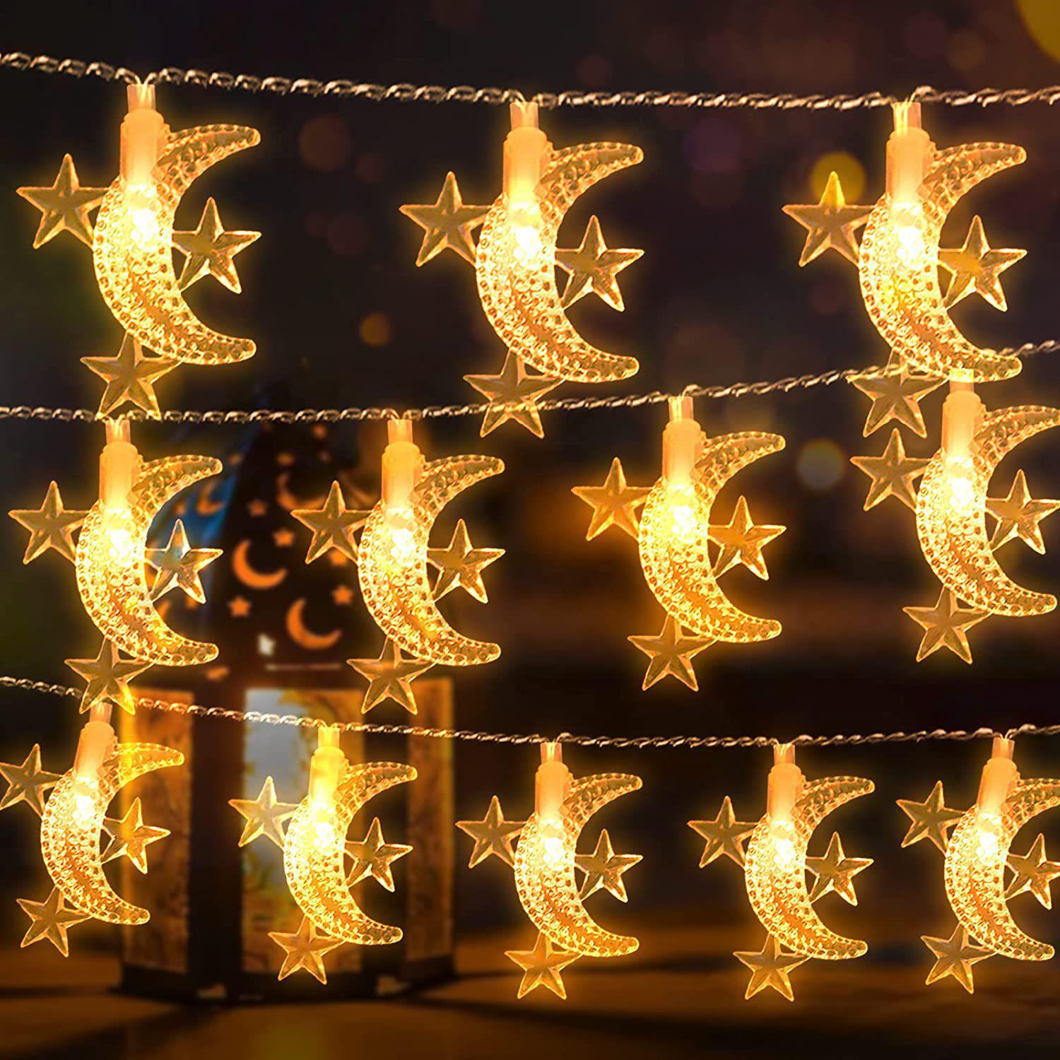 

Middle Eastern Moon & Star LED String Lights - Colorful, Flashing Arabic Festival Decor 2m 10 lights - 2 AA battery box constant
