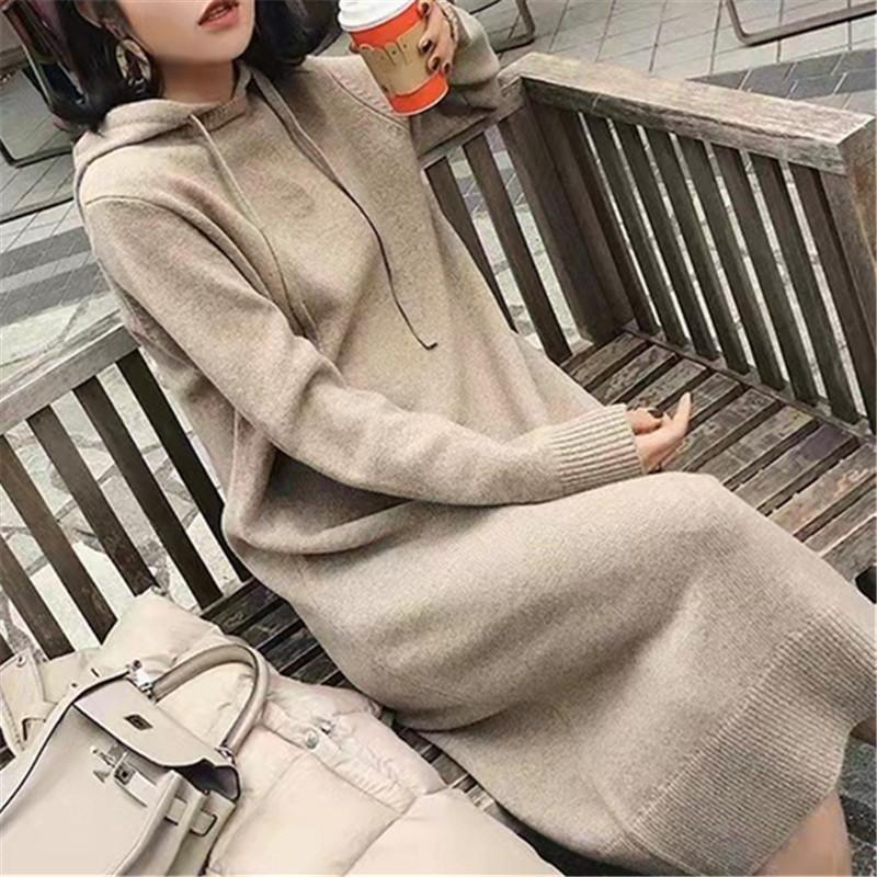 Autumn and winter new solid color simple knitted dress hooded sweater women's loose sweater long dress tide