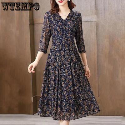 Robe en maille pour femmes, motif Floral, mi-longue, manches courtes, imprimé, taille enveloppée, en mousseline de soie, vêtements d'été pour femmes