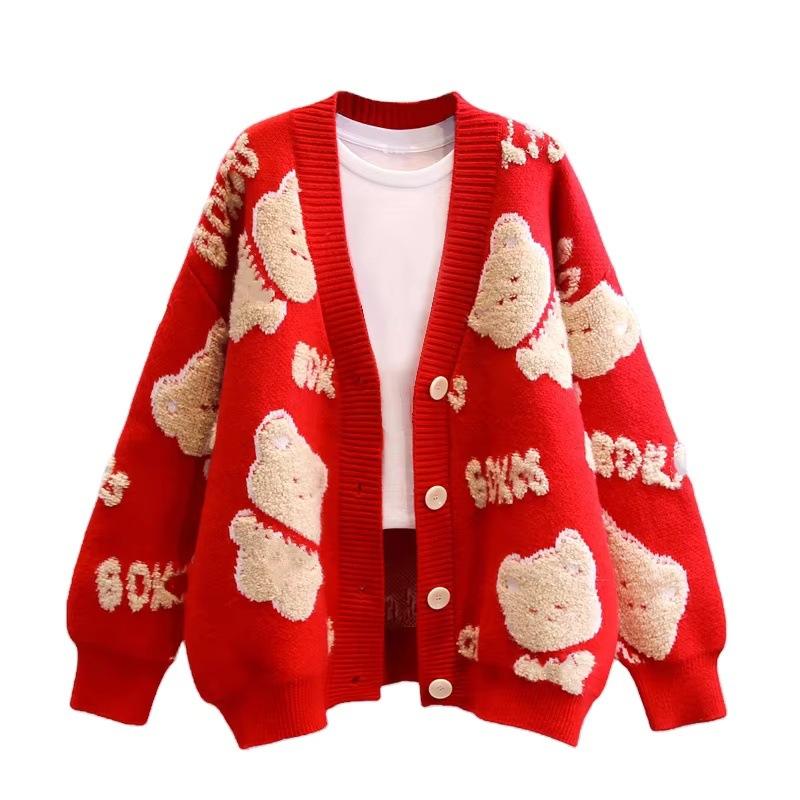 

Knitted Custom 2025 New Cartoon Sweet Style Knitted Sweater for Women s Fashion, Mid To Long Length Jacket, Cardigan, Embroidered for Women XS червоний