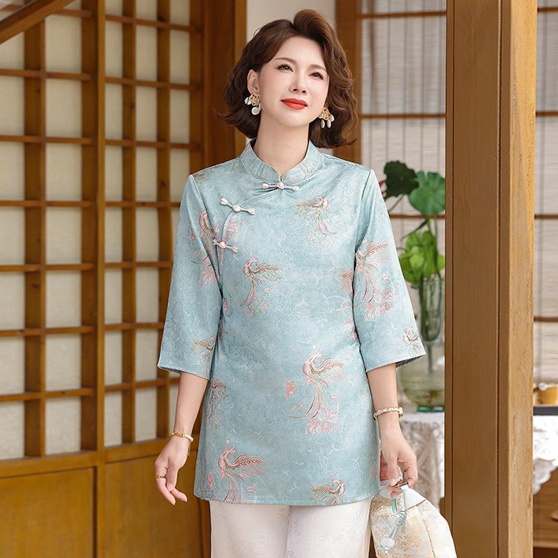 Elegant Imitation Silk Frog Button Top: New 2026 Chinese Style, Short-Sleeved for Middle-Aged & Elderly Women
