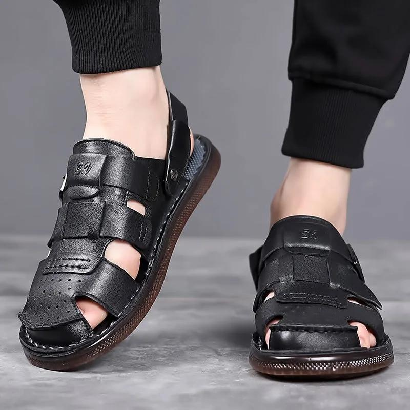 Fashion Summer Luxury Genuine Leather Sandals for Men Platform Hollow Out Beach Men's Sandals Designer Casual Fashion Slippers Shoes Men