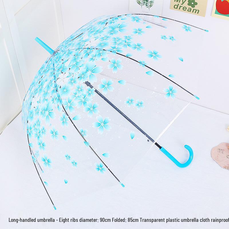 Japanese Forest Style Transparent Cherry Blossom Umbrella with Arched Long Handle for Students