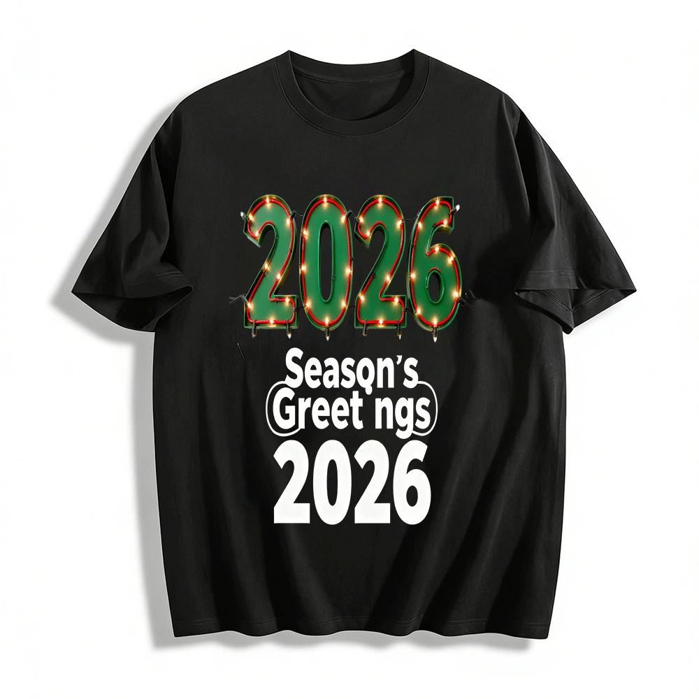 

2026 Season s Greetings Retro Light Sign Print Casual Top Pure cotton T-shirt XXS
