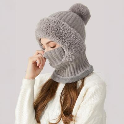 Yousheng 3 In 1 Women Knitted Scarf Hat Plush Ball Decor Windproof Warm Snow Cap Solid Color Fleece Lining Outdoor Activity Hat