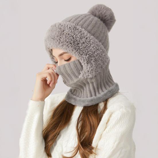 Yousheng 3 in 1 Women Knitted Scarf Hat Plush Ball Decor Windproof Warm Snow Cap Solid Color Fleece Lining Outdoor Activity Hat
