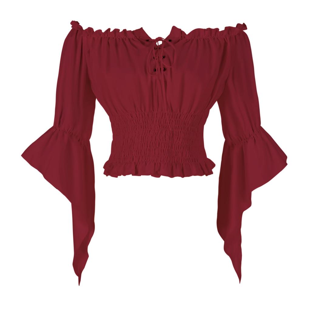 Women Vintage Off Shoulder Blouse Tie Front Mid Sleeve Casual Top Elastic Waist Ruffle Hem Shirt