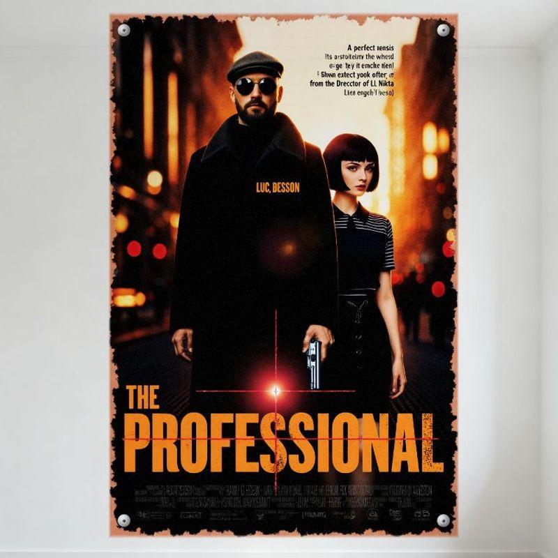 The Professional (Léon) Vintage Movie Tin Sign - Dark City Street Scene with Fedora Man & Short-Haired Woman, Orange Title, Home 20x30cm(7.8x11.8inch)