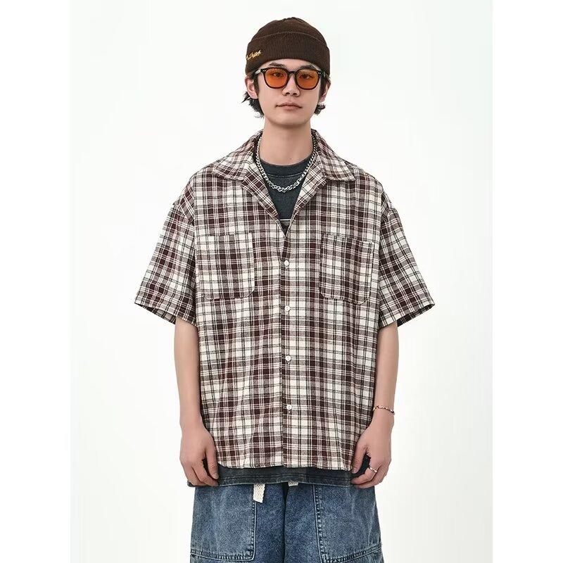 

Рубашка в клетку в стиле ретро, мужская, с короткими рукавами, модная, повседневная, универсальная, в стиле Гонконга, весна-осень, хулиганская, красивая, дюймовая куртка 2XL красный