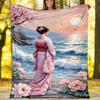 Japanese Kimono Sakura Fleece Blanket, Geisha Throw