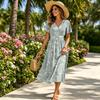 Women V Neck Waist Cinched Floral Print Short Sleeve Midi Dress Casual Summer Day Dress