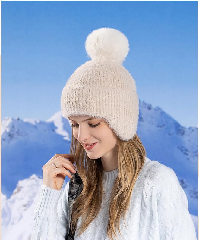 LeafIn Knit Hat with Boa Fleece and and Keeps Your Ears Warm and Warm for Size One Hat Women's Earmuffs, Lining, Pompom, Windproof, Warm, Slimming,