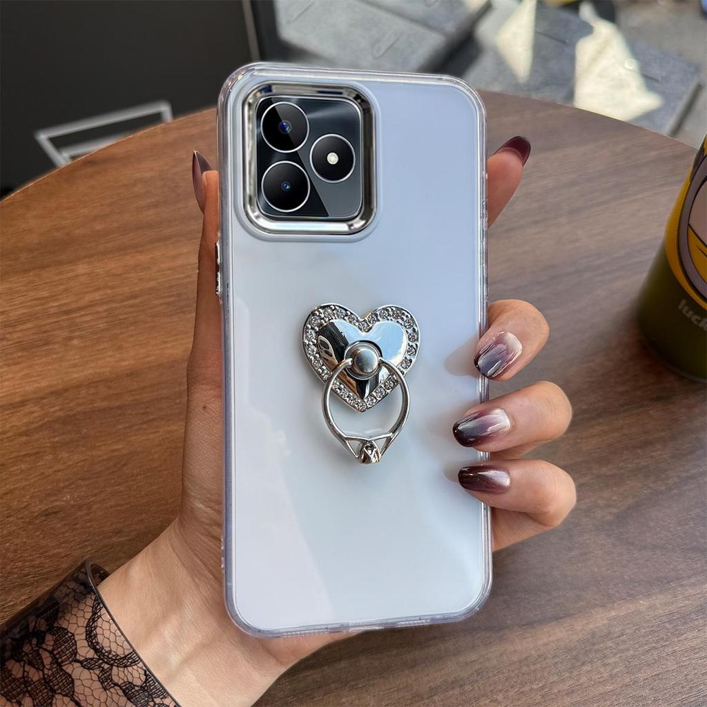 Luxury Bling Rhinestone Heart Ring Bracket Clear Phone Case for Realme C53,C51,Note 50 4G Stand Cover