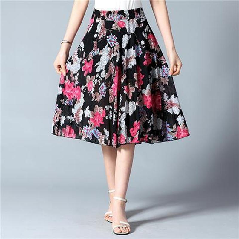 Fuste cu flori de lungime mijlocie de vară cu talie elastică femei lejer casual din șifon din mătase de gheață rochie de plajă pentru femei