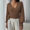 Elegante Kurzstrickware Damen Kreuz-V-Ausschnitt Basisschicht Herbst Winter Unregelmäßiges Binden Verdickt Langarm Laternenärmel Oberteil