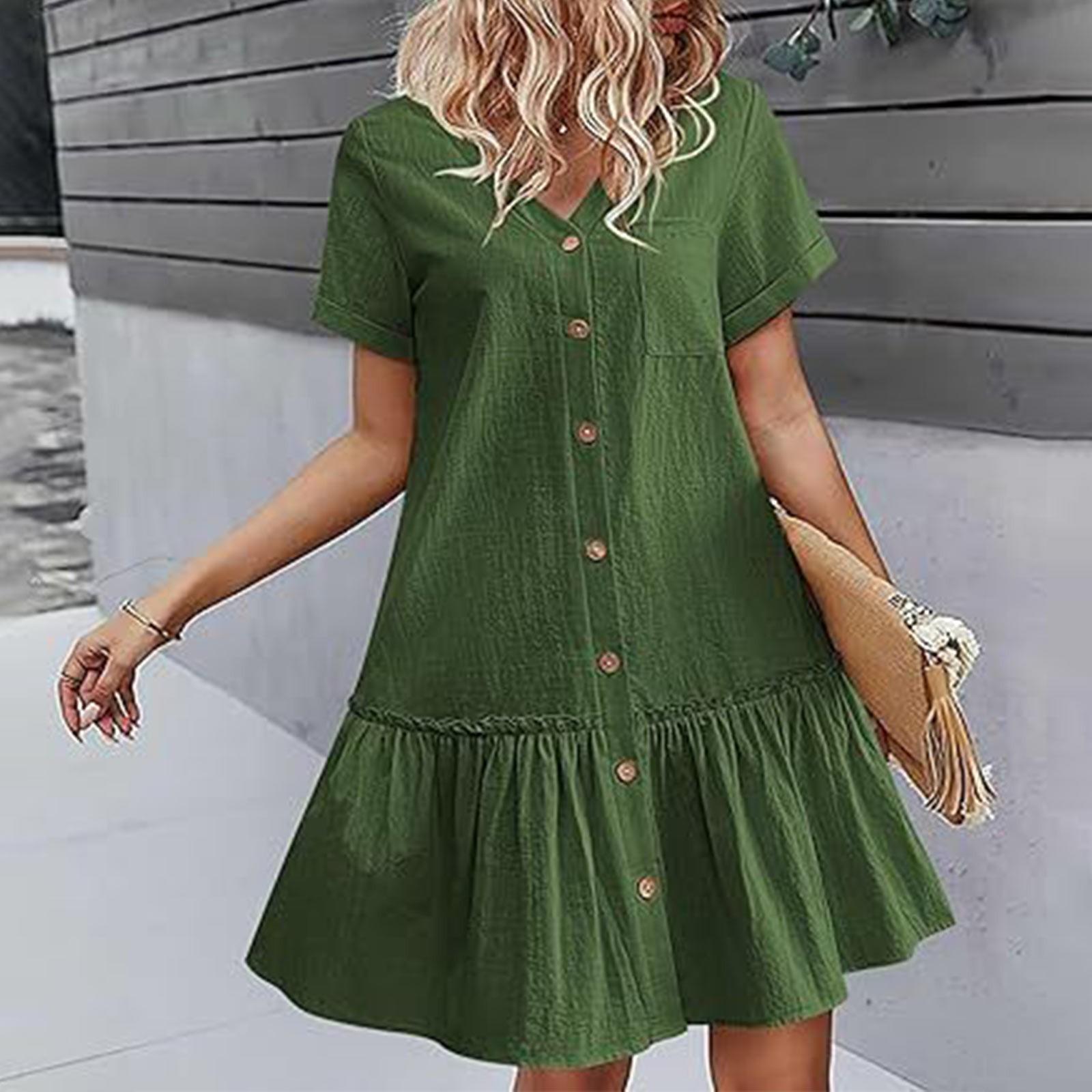 

Женское повседневное однотонное свободное платье с v-образным вырезом и пуговицами с короткими рукавами и рюшами по подолу M армия зеленый