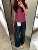 Summer New Light Blue Cotton T-shirt Women's Shoulder Simple Casual Thin Top Basic Versatile Short Sleeves