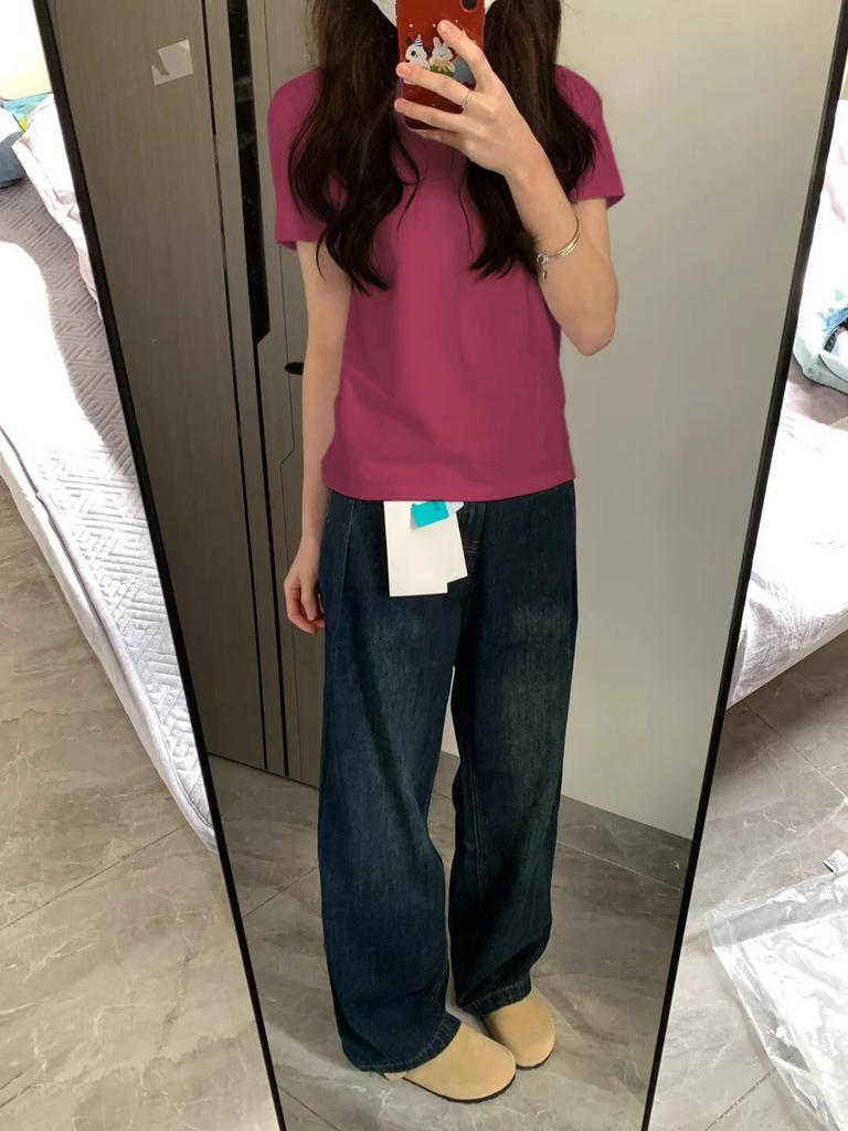 Summer New Light Blue Cotton T-shirt Women's Shoulder Simple Casual Thin Top Basic Versatile Short Sleeves