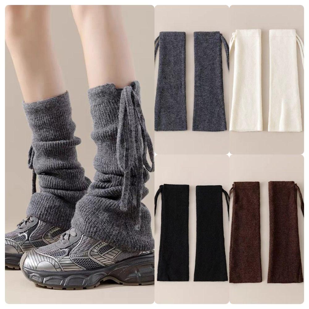 1Pair Stretchy Material Slouch Leg Socks Solid Color Drawstring Leg Warmers  Winter