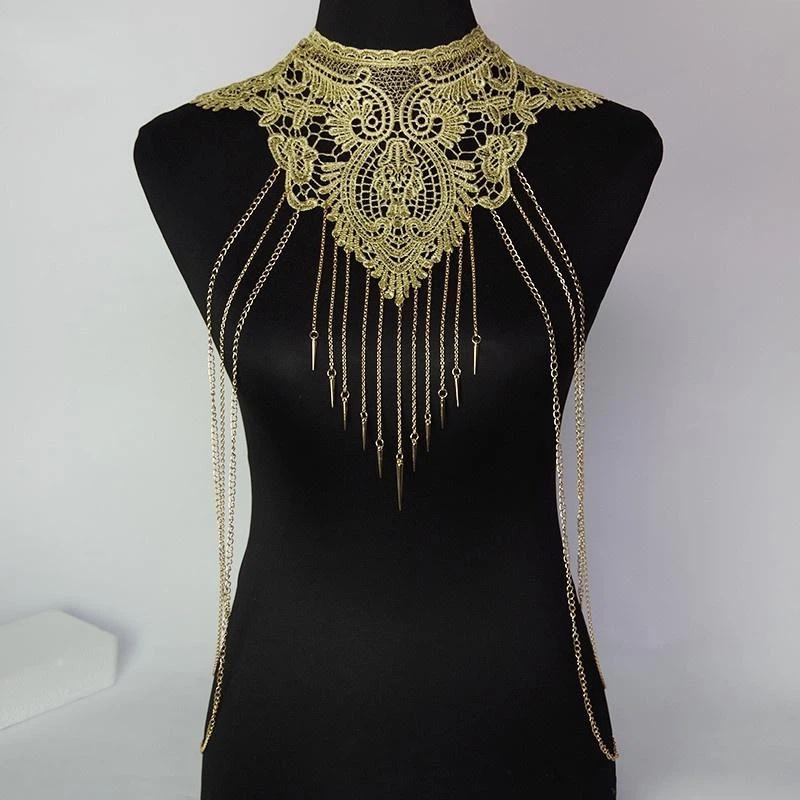 Gold Lace Trim Multi-Layer Fashionable Tassel Necklace For Women Body Chain Jewelry Accessory Elegant Trendy Jewelry