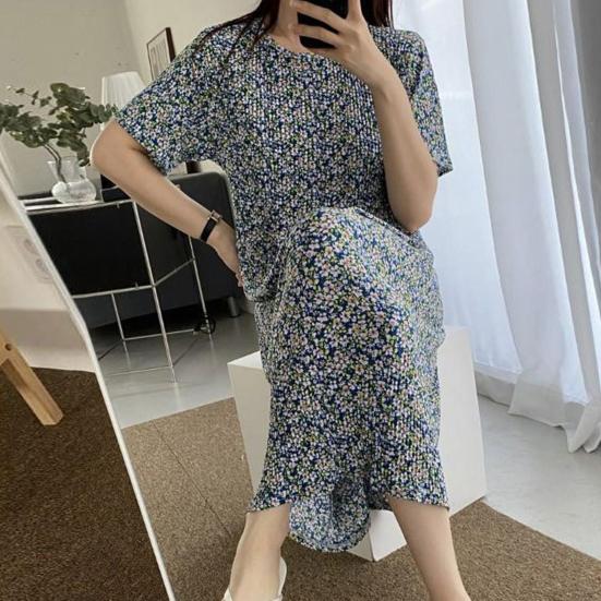 Summer Women Dress Small Flower Print Crew Neck Loose Short Sleeves Pleated Mid-calf Length Pullover Shopping Midi Dress