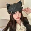 Woman Beret Leather Hat With Curved Brim And Cat Ear Detail For Trendy Dress Up