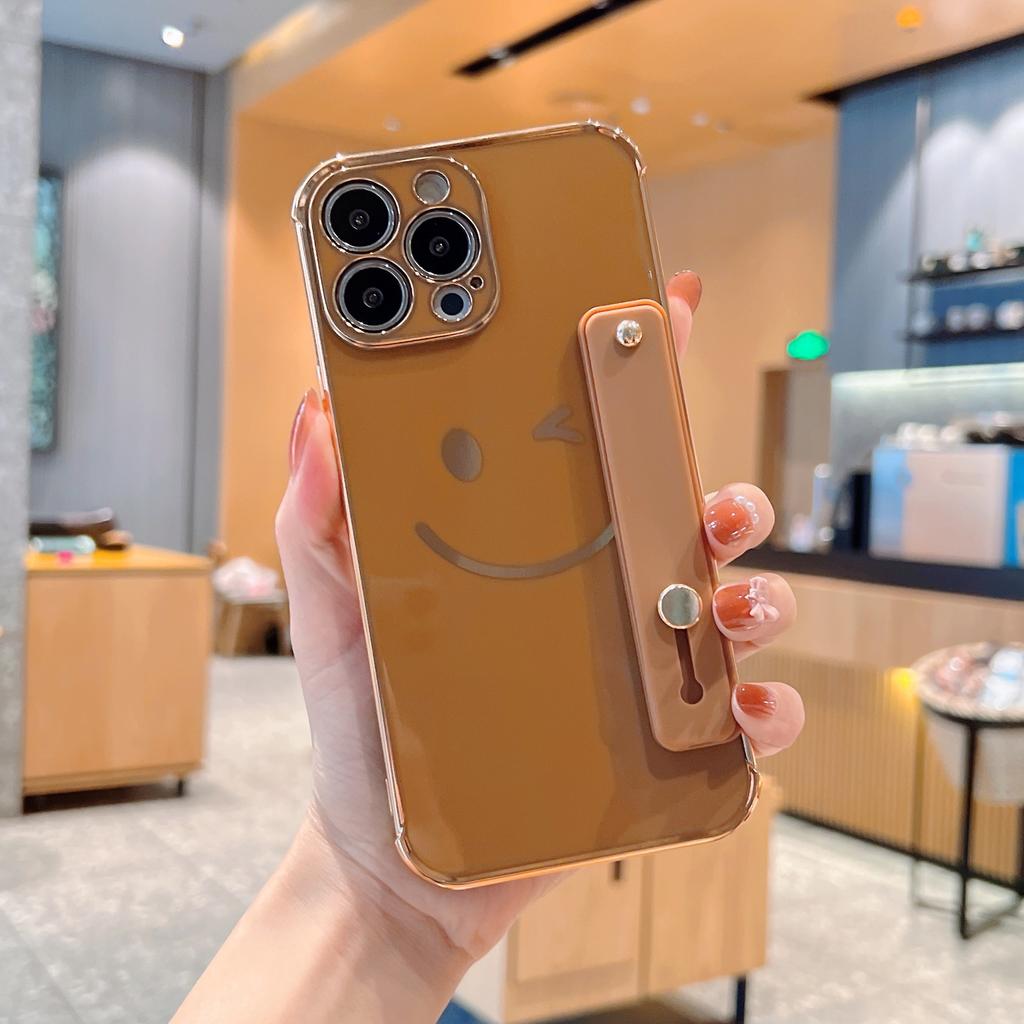 Electroplated side smiley face with bracket, suitable for Apple 16/17promax mobile phone case iPhone14/15 anti-drop cover