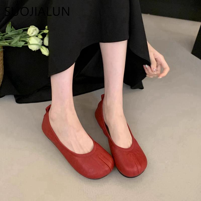 Fashion SUOJIALUN 2025 Autumn New Women Flat Shoes Fashion Round Toe Shallow Slip On Ladies Casual Single Shoes Soft Flat Heel Ballerina