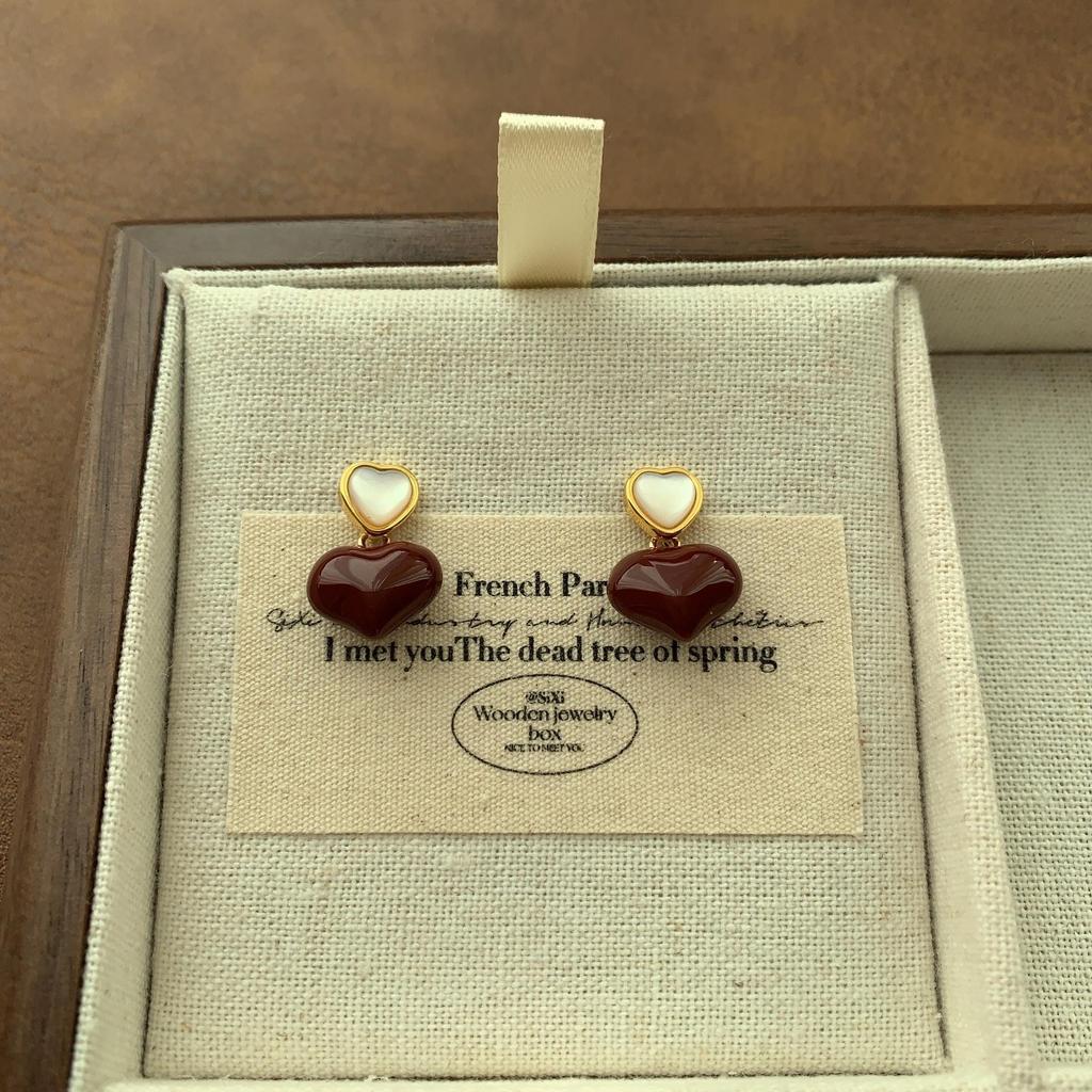 Simple Burgundy Enamel Stud Earrings Cute High Sense Versatile Sweet Romantic Niche Earrings Autumn And Winter