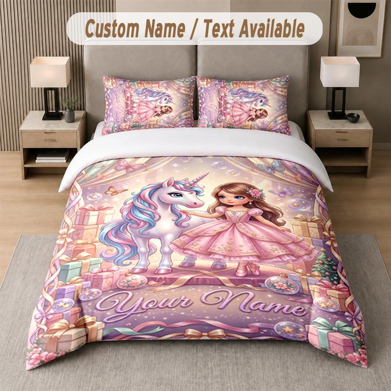 Unicorn Theme Custom Text Or Name 3Pcs Bedding Set 1 Flat Sheet & 2 Pillowcases Personalized Home Bedding