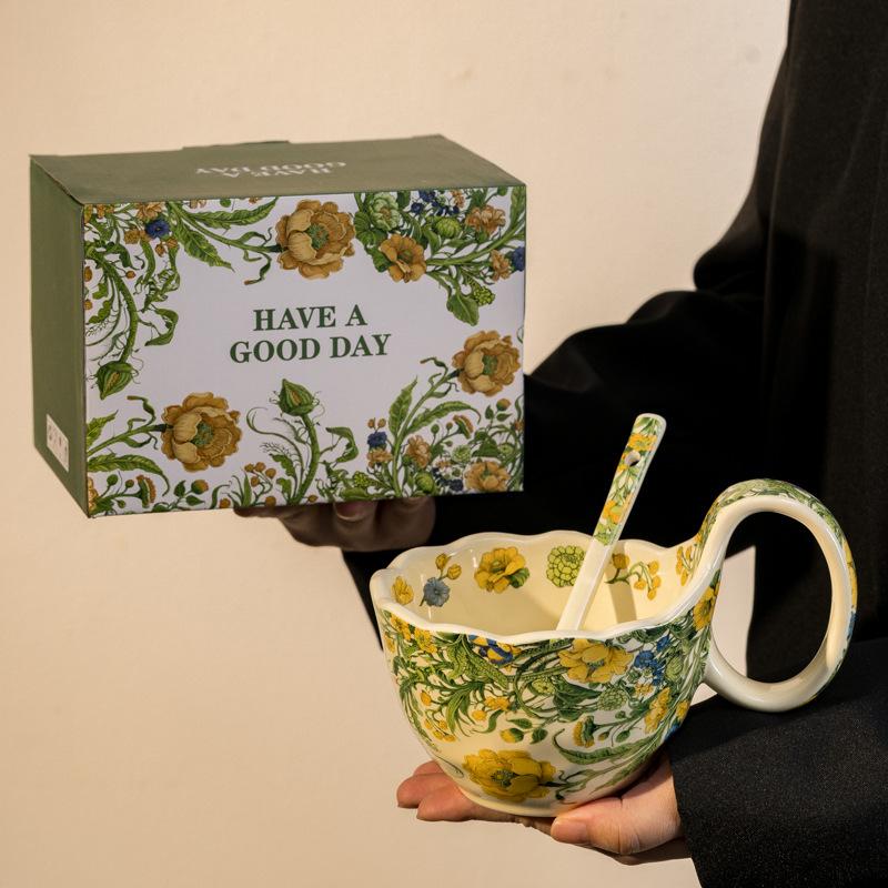 

Керамічна чашка з ручкою, чашка з ложкою, чашка для сніданку, миска для вівсянки, чашка для підігрітого молока, чашка для кави, що розквітає, блюдце, миска 450ml