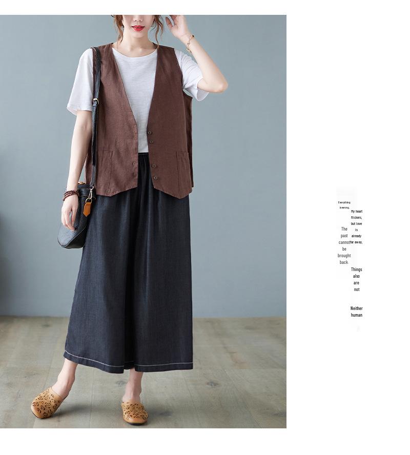 2025 Summer Women's Solid Color Sleeveless Cotton Linen V-Neck Vest
