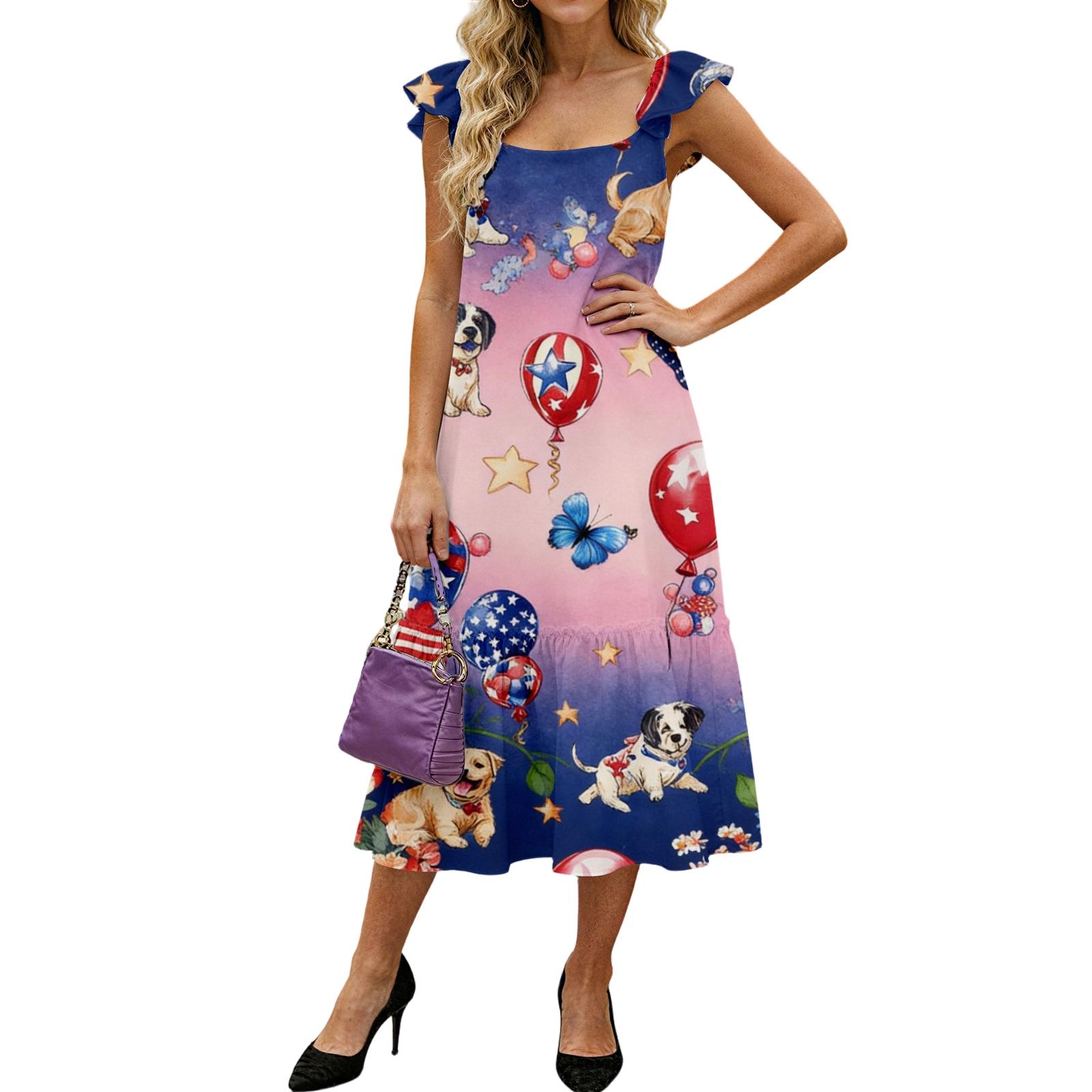 

Women s Fashion Loose Mid-length Ruffled Flying Sleeve Independence Day Printed Dress S рожевий