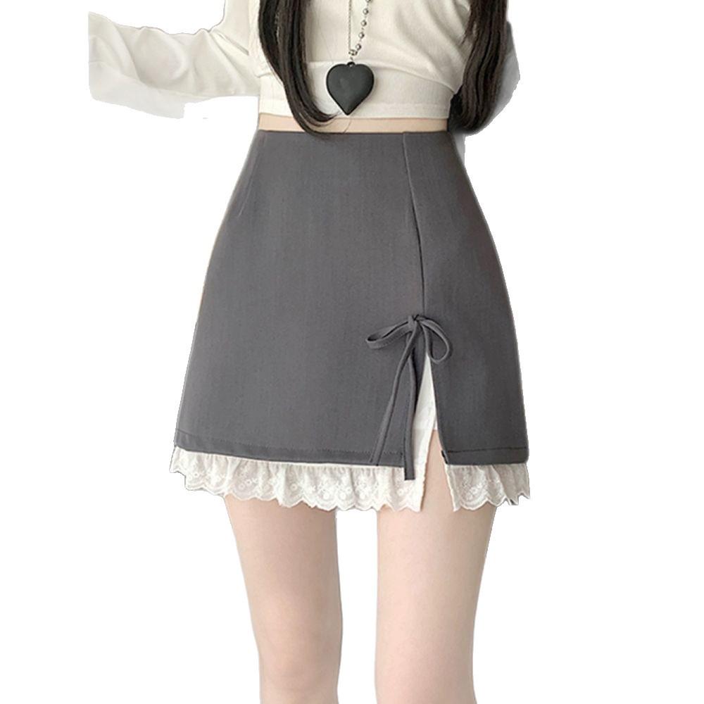Sweet & Spicy High-Waisted Lace Bodycon Skirt - Grey, Korean Style, Anti-exposure Short A-line Design