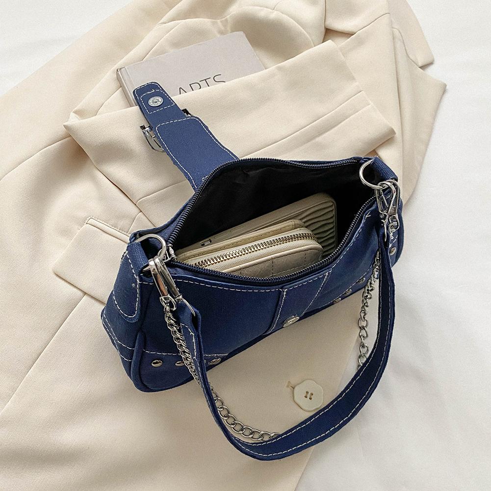 Women Fashion Underarm Bag Y2K Small Chain Bag Canvas Luxury Shoulder Bags Zipper Closure Versatile Dating Bag