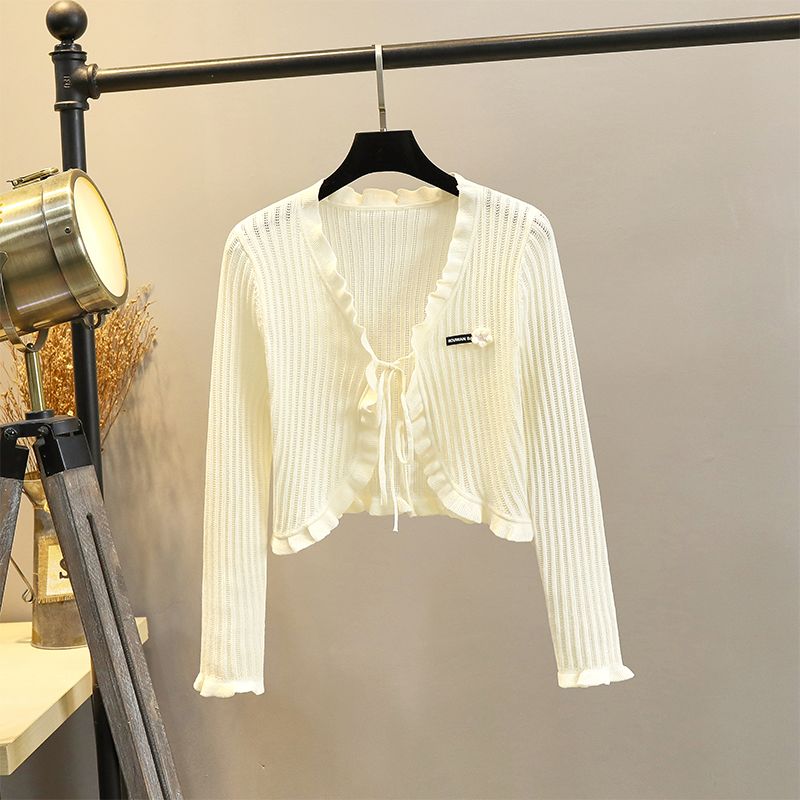 

Вязаный летний кардиган с запахом, V-образный вырез, шаль из листьев лотоса Apricot-Long sleeves 839-Ruffles Flowers 2XL