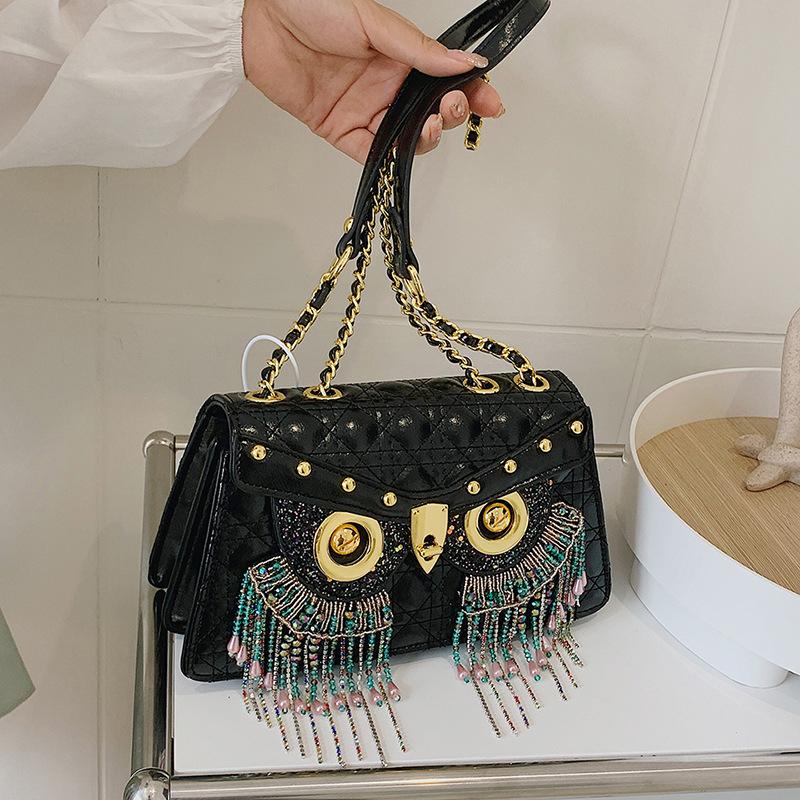 Smaak dames tas gepersonaliseerde diamant vierkante tas trend 2025 nieuwe mode uil schoudertas met franjes tas