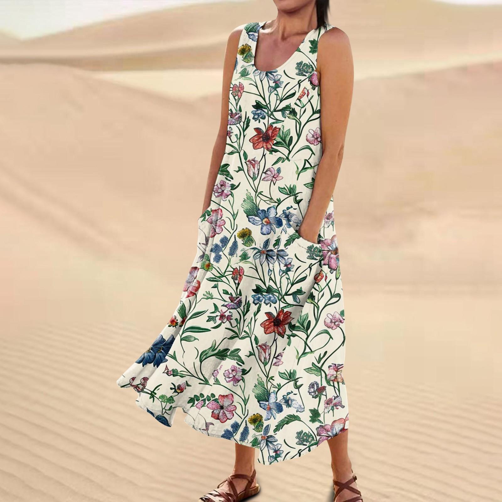 

Женское повседневное удобное хлопковое карманное платье без рукавов с цветочным принтом L бежевый