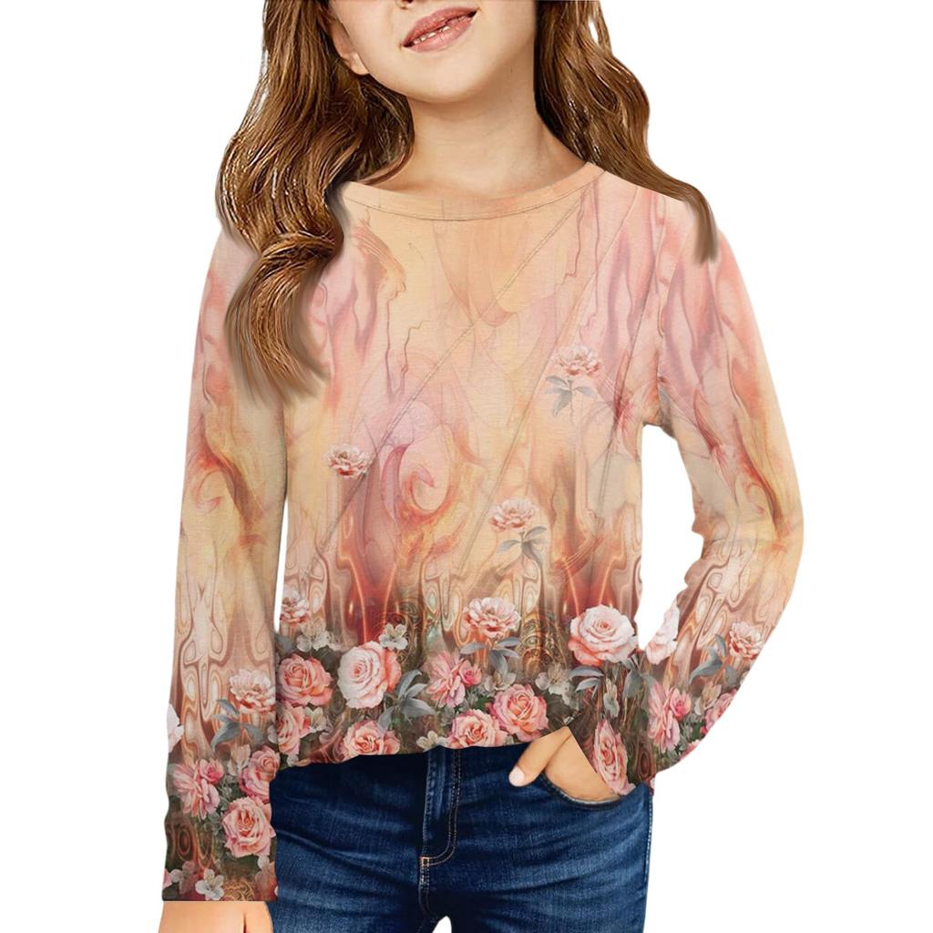 Girls' Long Sleeve Tee - Pleated Round Neck Casual Top