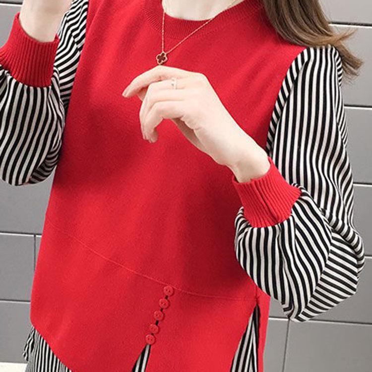 Blusa de dos piezas falsa de moda coreana para otoño e invierno, blusa informal de mujer con cuello redondo y manga larga con retazos