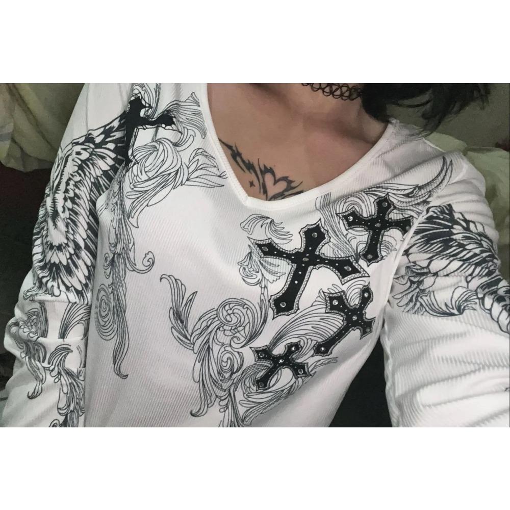 Y2k Graphic Cross Wings Print Long Sleeve Women Grunge Fairy T-shirt Harajuku Tee 2000s Aesthetic Punk Style Clothes Streetwear