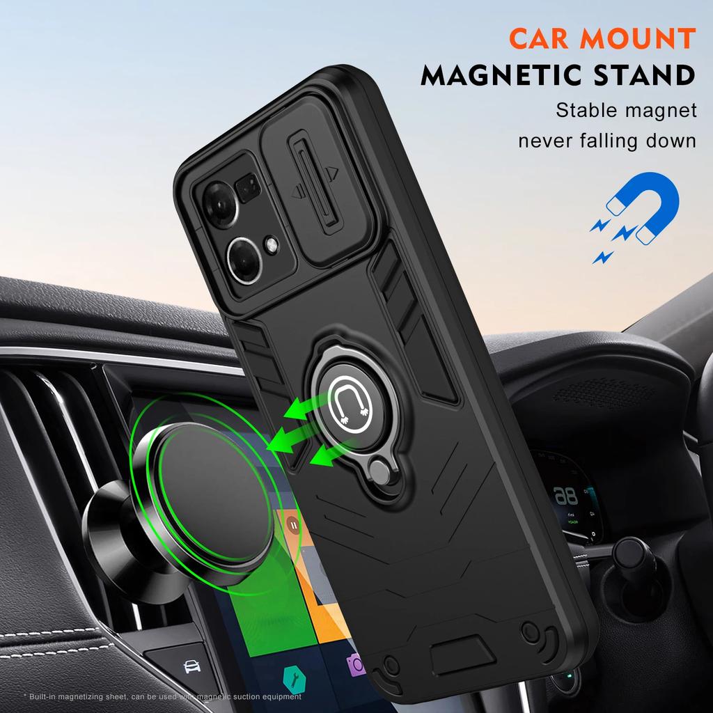 Rugged Armor Shockproof Phone Case For OPPO F21 Pro Reno 7 8 4G Slide Push Window Metal Ring Holder TPU Frame Plastic Back Cover
