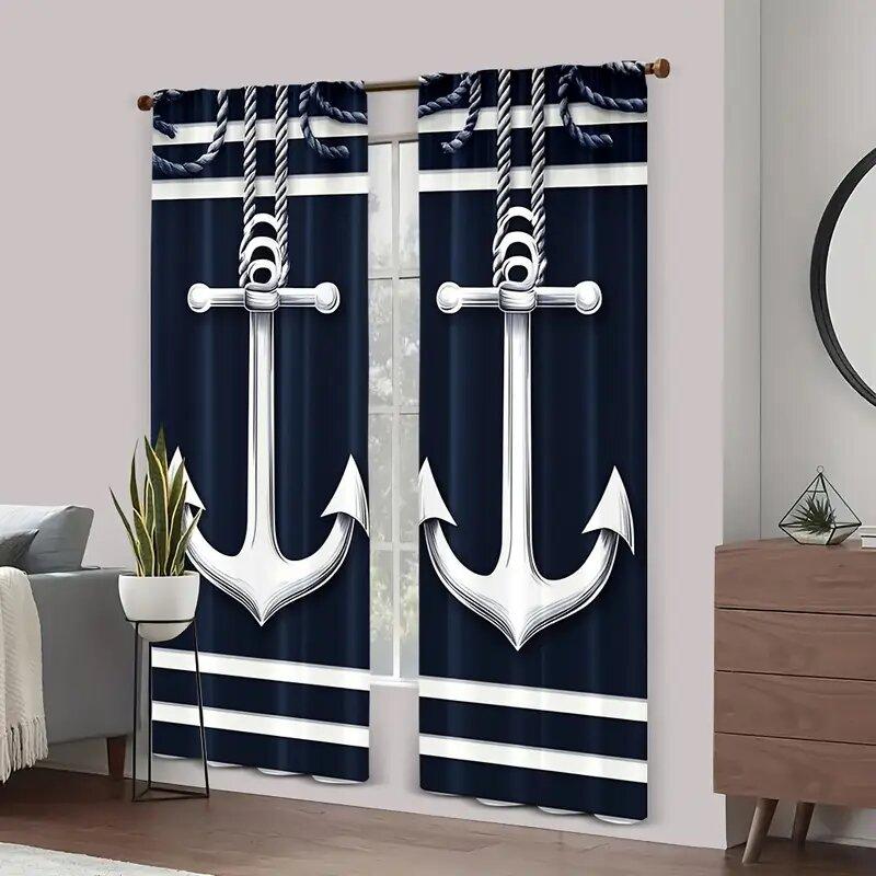 Sea Anchor Pattern Printed Curtains Window Decoration Home Room Curtain Made Of Polyester