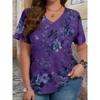 Plus Large Size Women's Floral Print V-neck Short-sleeved 3D T-shirt Casual Knitted Micro-stretch Top Pullover