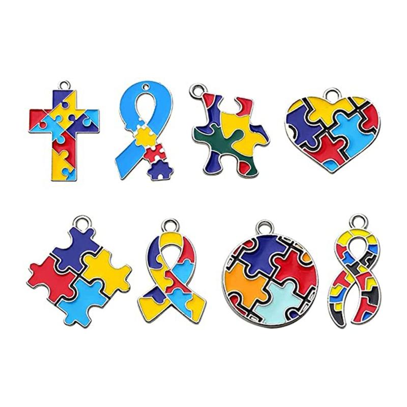 8Pcs Gold Plated Pendant with Puzzle Shape Pendant Enamel Autism Awareness Pendant Bulk Diy Necklace Bracelet Keychain