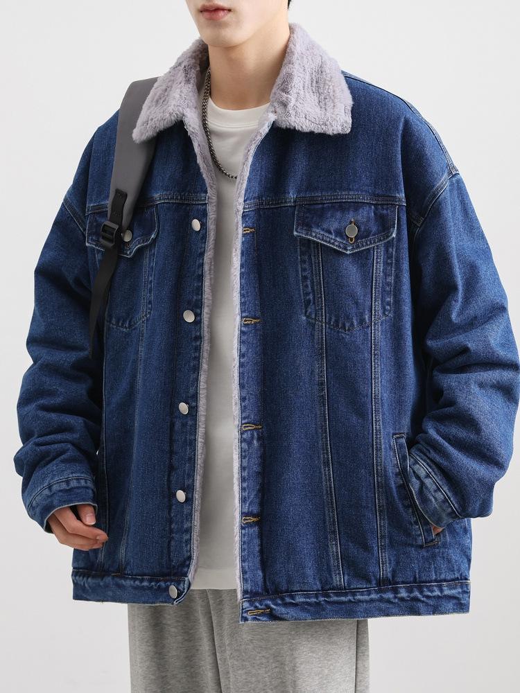 2025 Men's Autumn/Winter Denim Jacket with Faux Rabbit Fur Collar, Cotton Texture, Fleece-Lined, Washed Finish.