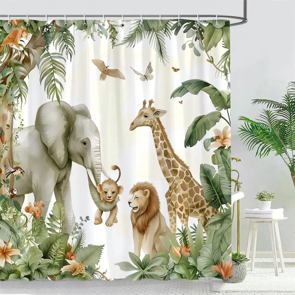 Funny Forest Animals Shower Curtain Elephant Giraffe Monkey Parrot Watercolour Art Creative Printed Bath Curtains Bathroom Decor