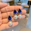 New S925 Silver Needle Jewelry Blue Treasure Pear Shaped Necklace Earrings Two Piece Set Internet Celebrity Instagram Fashion