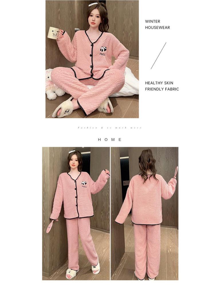 Pajama damska z różowego aksamitu flanelowego w dużym rozmiarze - Uroczy i ciepły kardigan na jesień/zimę